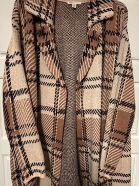 Cato Plaid Open-Front Cardigan in soft Pink, Tan & Navy